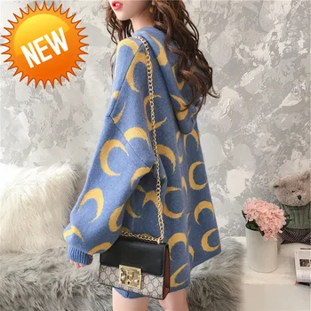 

women's 2020 sweater new autumn and winter solid color long-sleeved hooded collar loose knit geometric pattern leisure