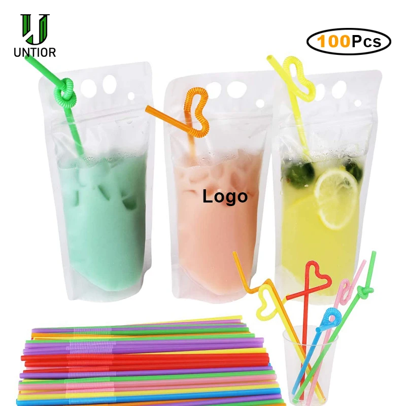 UNTIOR 20/50/100PCS Disposable Juice Liquid Bag Vertical Zipper Seal Drink Clear Pouches With Straw Party Tableware | Дом и сад