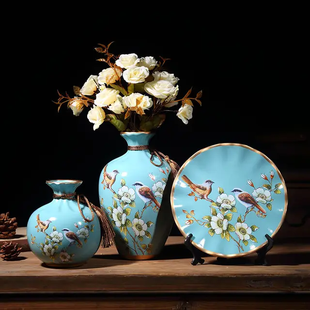 3Pcs/Set Ceramic Vase Dried Flowers Arrangement Wobble Plate Living Room Entrance Ornaments Home Decorations 16