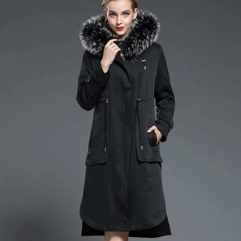 New Autumn Winter Jacket Women Raccoon Fur Collar Long Trench Coat Real Rabbit Fur Liner Parka Women A253