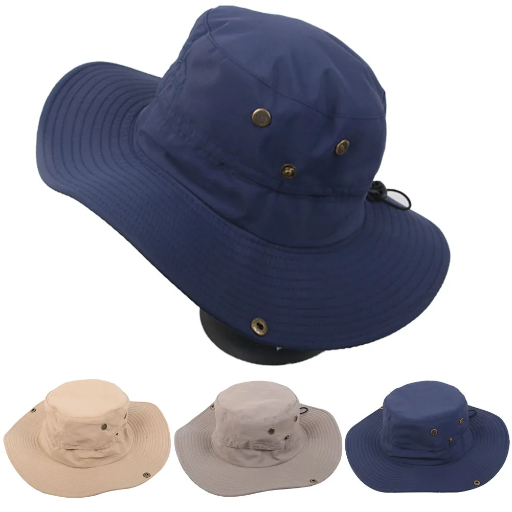 Men Women Adult Adjustable Foldable Fishing Outdoor Activities Waterproof Drawstring Wide Brim Sun Protection Bucket Hat Solid