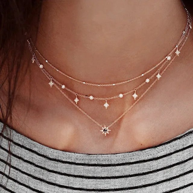 2022 Designs 925 Sterling Silver Crystal Gold Rose Gold Silver Color Dangle Star Cz Drop Choker Necklaces Jewellery For Women 2
