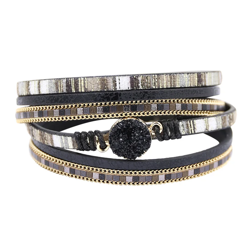 STRATHSPEY, черные Браслеты druzy для женщин, многослойный кожаный браслет, Золотая цепочка, натуральные браслеты, pulseras mujer moda - Окраска металла: black-39.5cm on sale