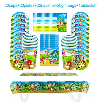

81Pcs Sonic Theme Cartoon Disposable Tableware Design Kids Birthday Party Paper Plate+Cup+Napkin+ Gift Bags+Tablecloth Supplies