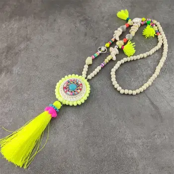 

Dropshipping Bohemian Ethnic Vintage Tassel Wood Beads Statement Necklace Stone Boho Long Necklace For Women