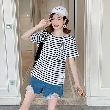 

6680# Summer Casual Maternity Nursing Tees Strip Cotton Breastfeeding T Shirt Pregnancy Sleep Lounge Wear Breast Feeding Tops
