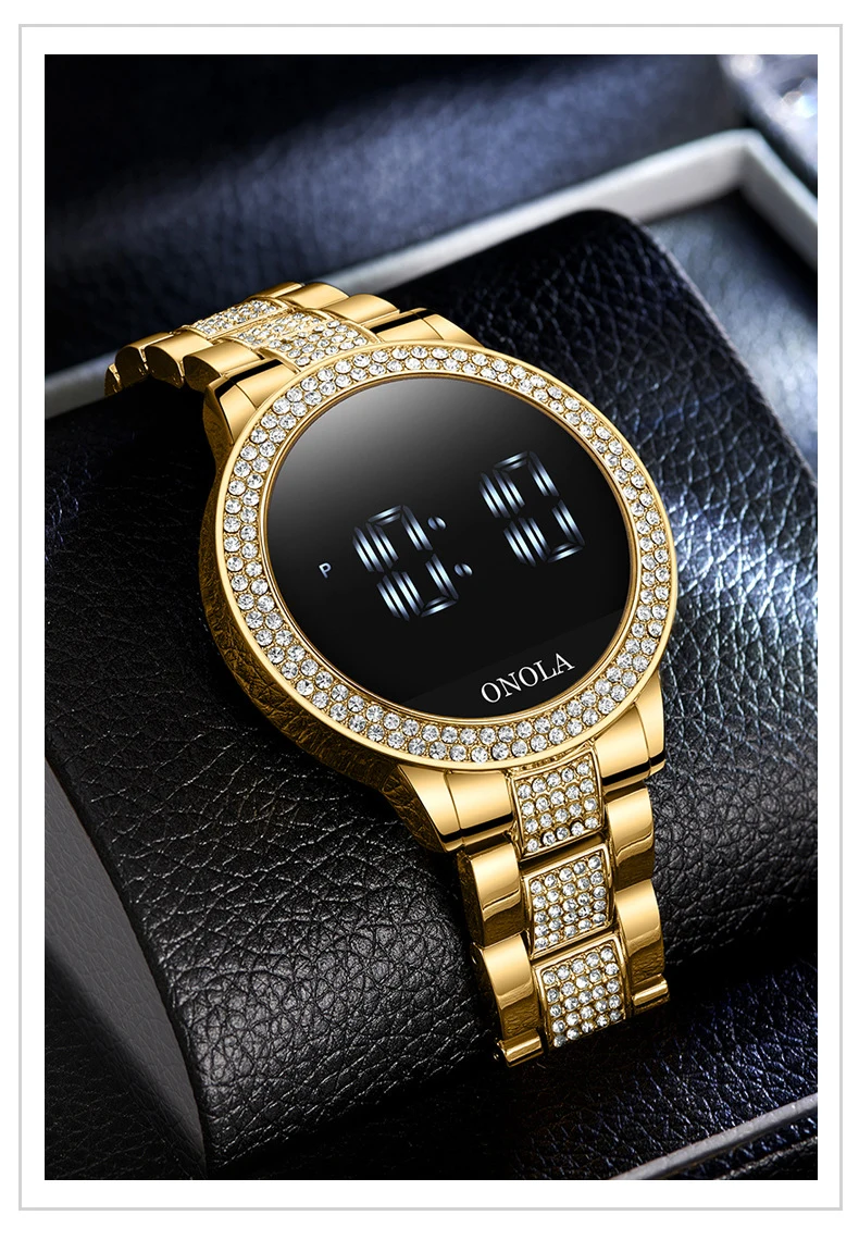 Fashion full diamond touch screen Led display ladies waterproof steel band quartz movement electronic watch business watch