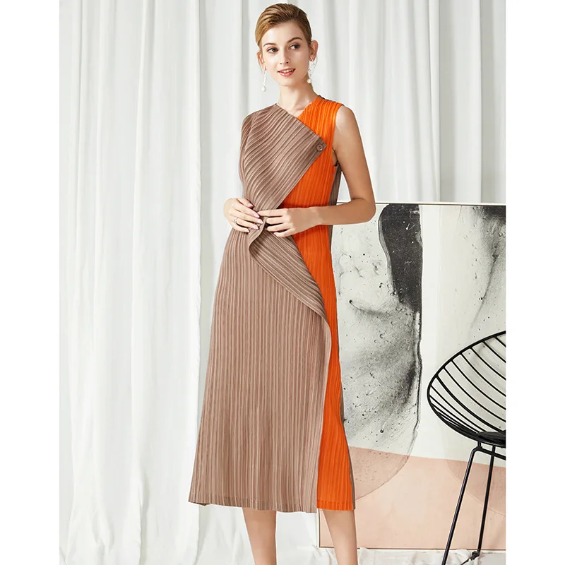 Новинка, летнее плиссированное платье-майка, женское модное лоскутное платье с пуговицами, индивидуальное платье, деловое платье без рукавов для работы