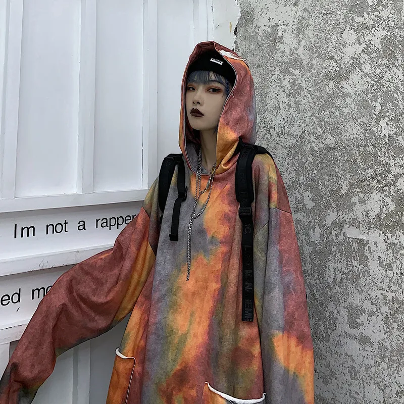 Негабаритных Harajuku уличная граффити галстук краситель контраст с капюшоном карман Толстовка пуловер Толстовка для женщин мужчин панк хип хоп тонкая футболка