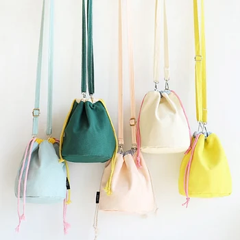 

1PC Mini Drawstring Canvas Bucket Bag Women Solid Color Cloth Drawstring Crossbody Girl Fashion Bucket Diagonal Shoulder Bag New