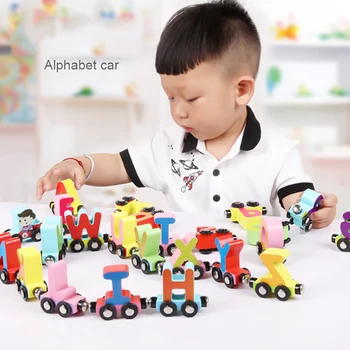 

2020 Children educational Montessori concept education wooden train toys Digital letter shape design car Baby nursery supplies