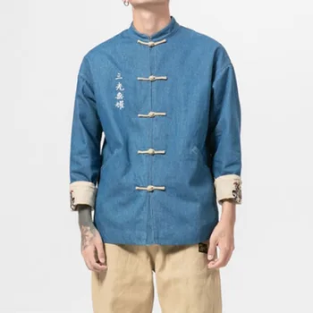 

Autumn Winter Men Fall Fashion Chinese Pattern Embroidery Denim Jacket Streetwear Hip Hop Casual Jeans Coat Overcoat