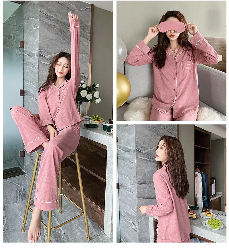 Color Cotton Long Sleeve Womens Pajama Suit Women Clothes Autumn Solid Full Length Pajamas Loungewear Two Piece Sleepwear