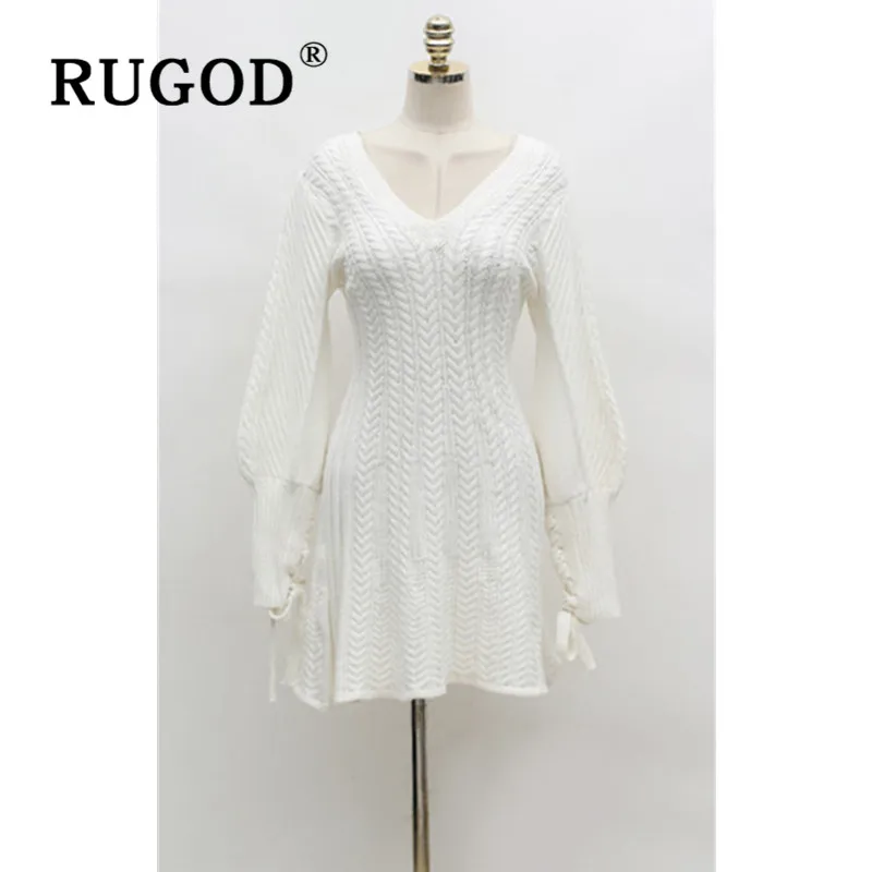 RUGOD трикотажное платье на шнуровке с рукавом, женское модное платье-туника с v-образным вырезом, тонкое платье-свитер, женское весеннее зимнее теплое платье-пуловер