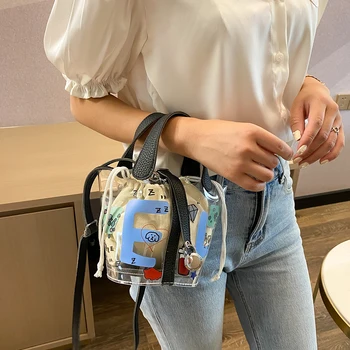 

2pcs/Set Portable Women Bucket Shoulder Handbags Clear PVC Graffiti Elegant Tote Popular Simple Female Daily Bag