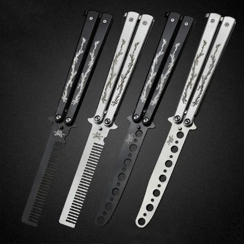 

Stainless Steel Training Balisong Folding Knife Dragon Pattern Titanium Coated Butterfly Style Dull Blade Knife Outdoor Tool