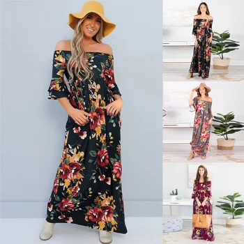 

BacklakeGirls 2020 Sexy Off The Shoulder 3/4 Sleeve Floral Print Elegant Evening Dress A Line Party Formal Women Evening Dresses
