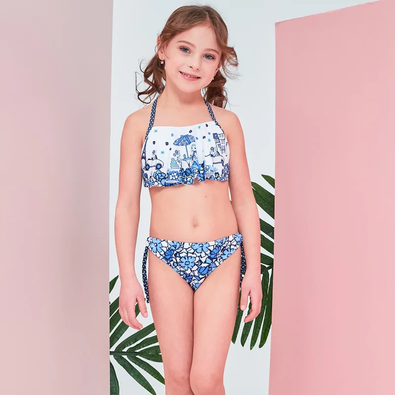 

2019 New Style Hot Sales Split Type Bikini Bathing Suit Halter Triangle Floral-Print Backless Girls Baby Girls KID'S Swimwear