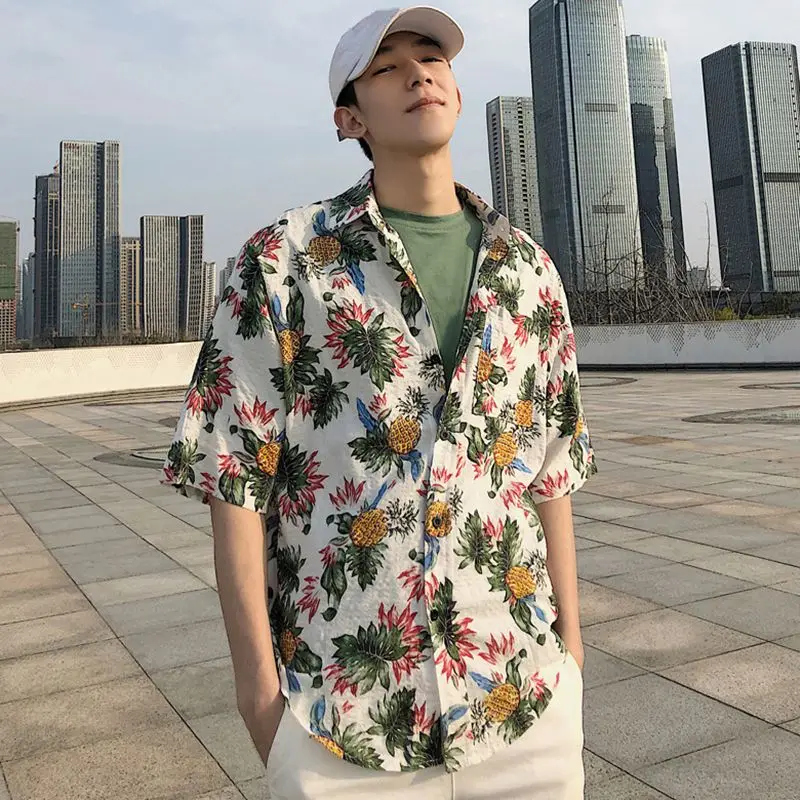 Men Fashion Summer Shirts Leaves Flower Pineapple Print Loose Short Sleeve Shirt Male Hawaiian Style Beach Shirt x