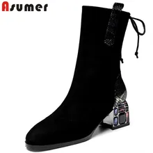 ASUMER/ г., Новое поступление, флоковые эластичные ботильоны женская повседневная обувь на квадратном каблуке, со шнуровкой и кристаллами женские зимние ботинки