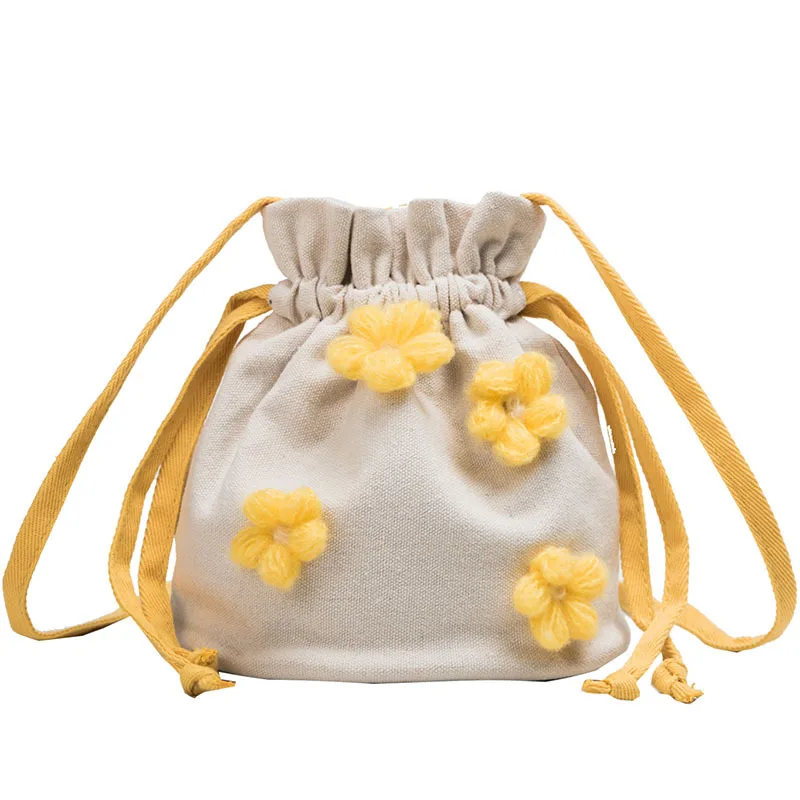 

Ougger Mini Teen Girl Crossbody Bag Women's Shoulder Bags Summer Yellow Canvas Fresh Style Bucket Bag with Flowers for Seaside