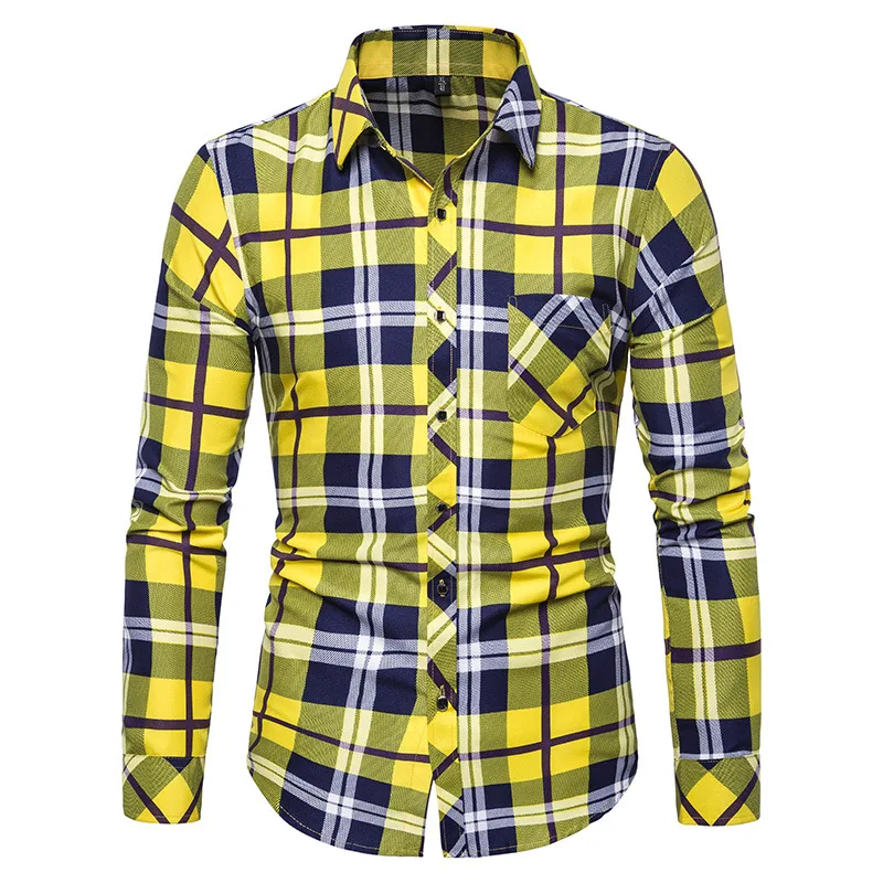 Yellow Новинка, брендовая мужская рубашка, Весенняя Мужская рубашка в клетку с длинным рукавом, приталенная Мужская рубашка, повседневные мужские рубашки размера плюс 5XL - Цвет: Yellow