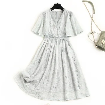 

Fashion Korean 2020 Summer Women V-neck Stitching Lace Ruffle Raglan Sleeve Solid Color Floral Chiffon Dress