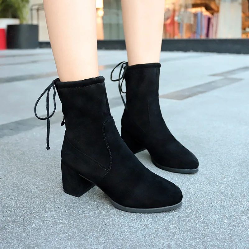 

2018 New Style Martin Boots Women's Autumn Chunky-Heel British Style Suede Elastic Cloth Boots Versatile Bow Semi-high Heeled WO