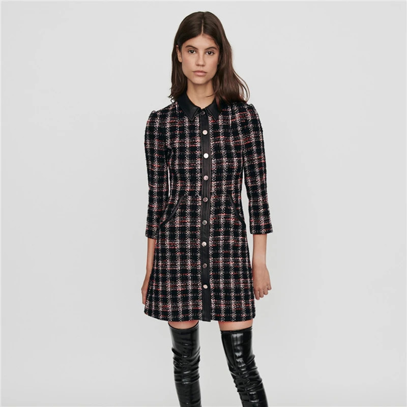 

2019 Winter Autumn Women Runway Dress Lady Elegant Plaid Long Sleeve Mini Dress Fashion Designer Vintage Clothes
