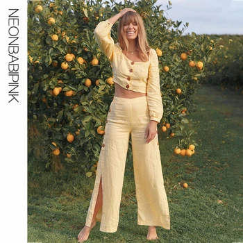 

NEONBABIPINK 2 Two Pieces Set Long Sleeve Crop Top and Split Wide Leg Pants Women Casual Outfit Sexy Matching Sets N28-AE79