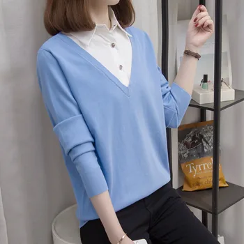 

Plus Size Knitted Sweaters Women 2020 Autumn Winter Turn-down Collar Patchwork Pullovers Jumpers Oversized Casual Knitwear Tops