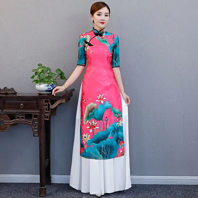 Plus size 5XL cheongsam autumn new female dignified atmosphere Austrian Chinese etiquette Printed pendulum dress Long cheongsam