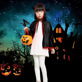 

New Unisex Kids Halloween Cloak with Ox Horn Hood Cosplay Role Play Party Cape Costumes for Boys Girls Black
