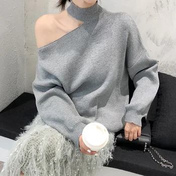 

Off Shoulder Sweater Pullover Women Enteritos Largos De Mujer Elegantes Black Turtleneck Korean Style Tricot Feminino Autumn