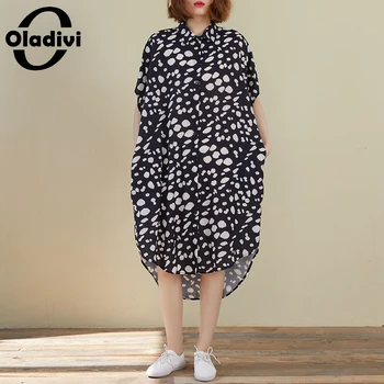

Oladivi Plus Size Women Fashion Black White Print Long Blouse Shirt Ladies Casual Loose Tops Summer Tees Tunics Female Vestidios