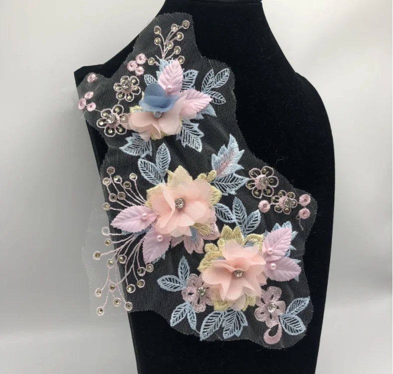 Flowers Imitation Pearl Lace Collar Embroidery DIY 3D Tulle Lace Patch Decoration Clothes Applique Accessories 1 Piece