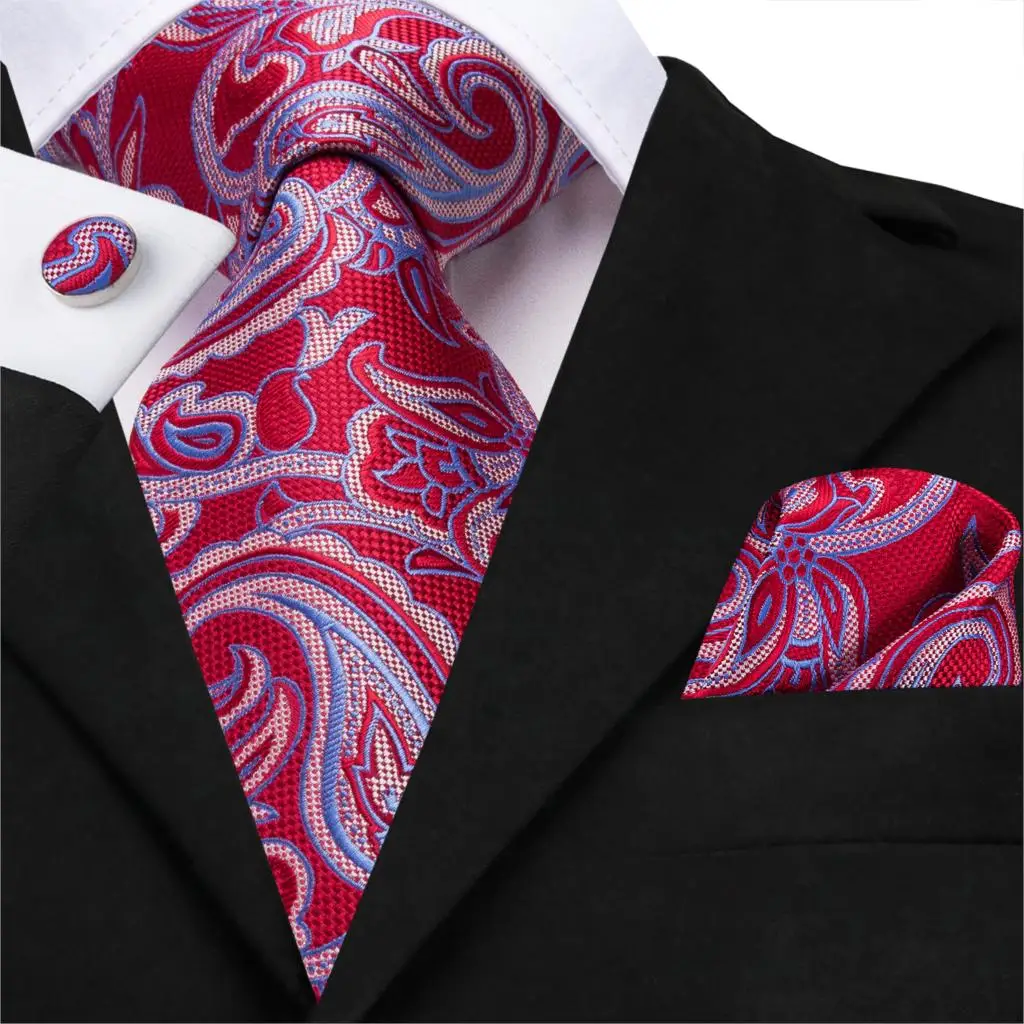 Wedding Tie for Men Red Silk Tie Floral Necktie Set Cufflinks for Suit ...