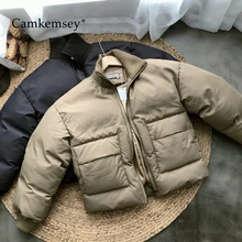 CamKemsey новые зимние пальто женские осенние модные большие карманы стоячий воротник вниз хлопок Мягкий бомбер куртки женские короткие пальто