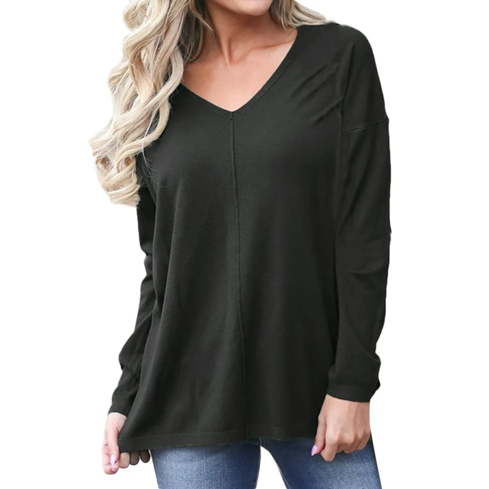 Повседневный модный вязаный свитер для женщин, Одноцветный универсальный базовый джемпер на осень и зиму, свитер с длинным рукавом и v-образным вырезом
