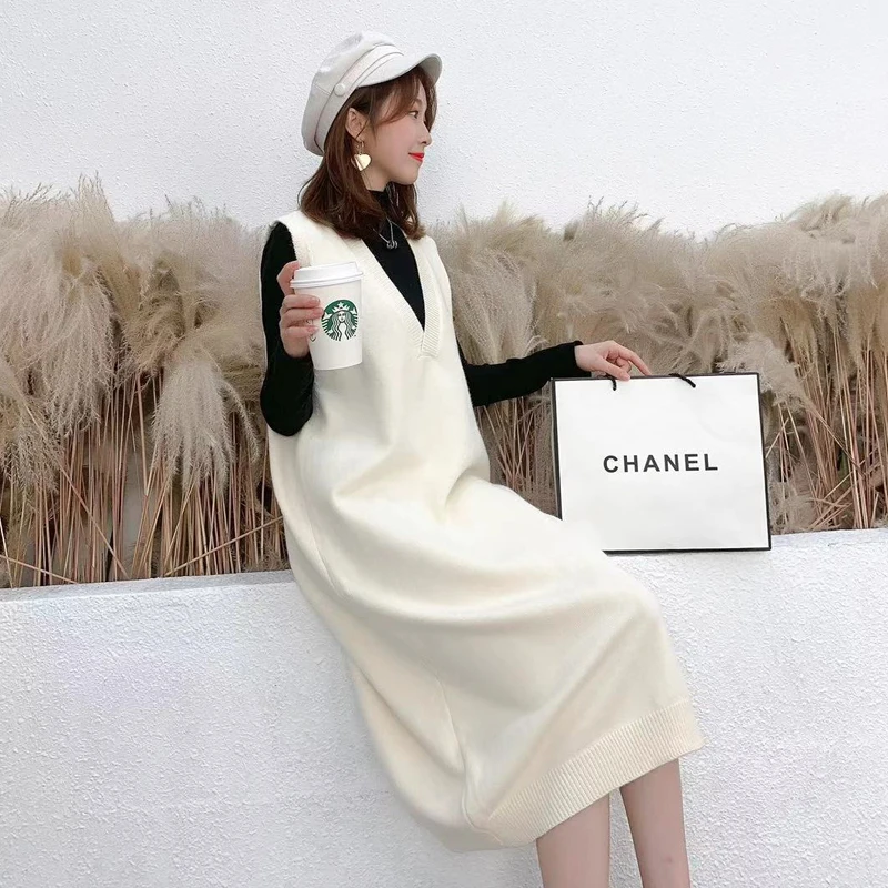 

Autumn and winter new large size fashion women's long vest skirt two-piece solid color V-neck knitted vest suit women