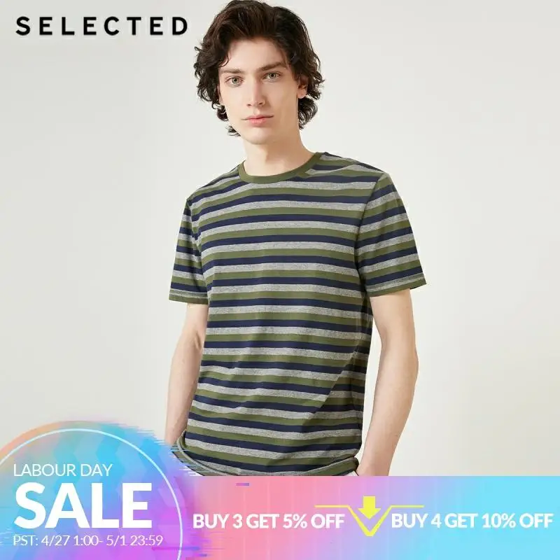 

SELECTED Men's 100% Cotton Striped Short-sleeved T-shirt C|419101536