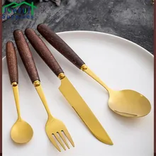 

Retro Tableware Wooden Handle Stainless Steel Knife Fork Spoon Western Dessert Fork Coffee Spoon Western Steak Knife and Fork