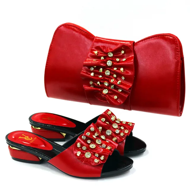 Latest italian design fashion african women s low heel comfortable shoes and bags set leather
