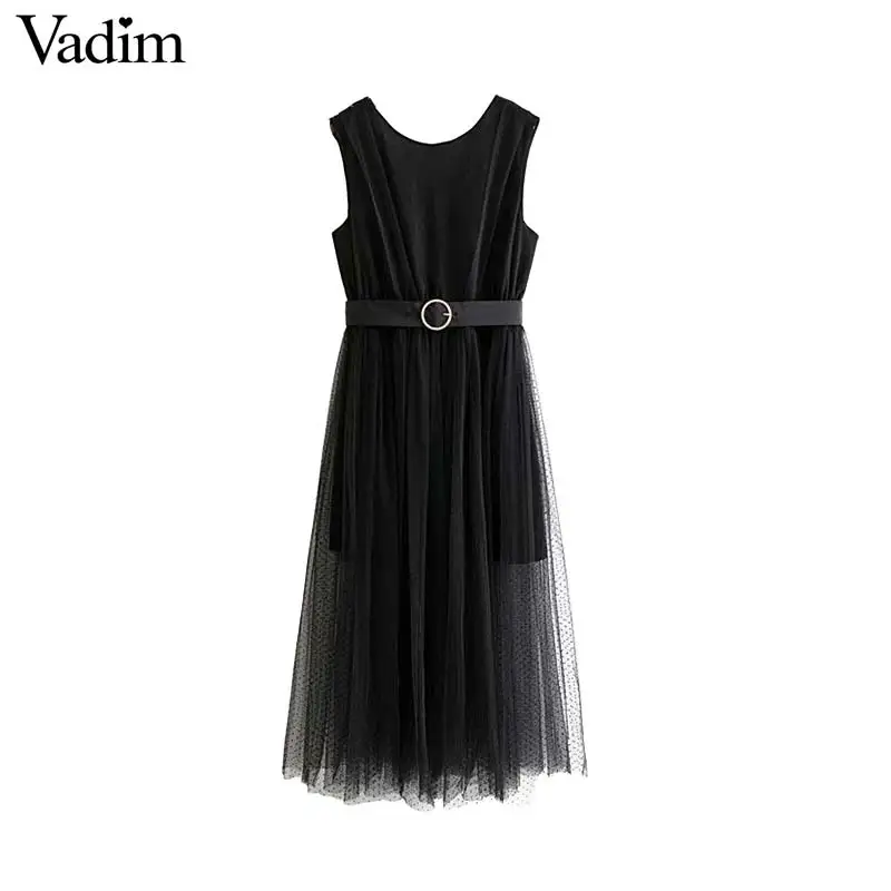 

Vadim women sweet mesh maxi dress belt design elastic waist sleeveless female elegant ankle length dresses black vestido QC655