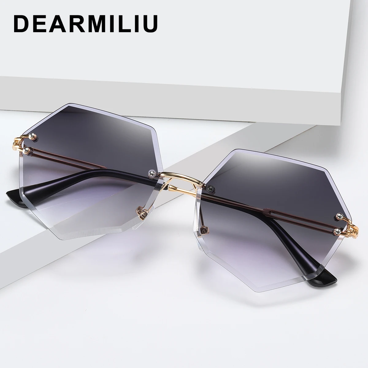 DEARMILIU, брендовые дизайнерские круглые большие женские очки, полигон,, градиентные, коричневые, розовые, без оправы, солнцезащитные очки для женщин, UV400