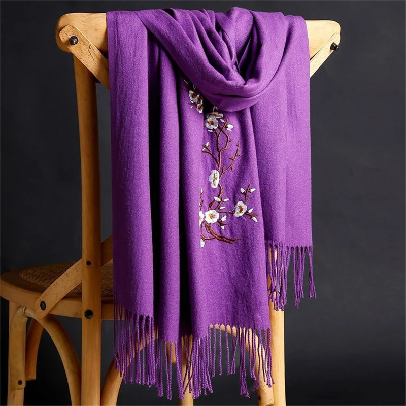 Зимний однотонный кашемировый шарф для женщин изысканный вышитые шали и обертывания для леди длинный Палантин женский sjaal foulard