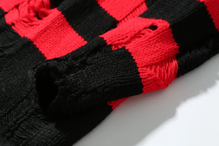 8004 2019 сезон весна-осень, свитеры красные, черные полосатый хип хоп свитер для мужчин с отверстиями мода негабаритных высокое уличное