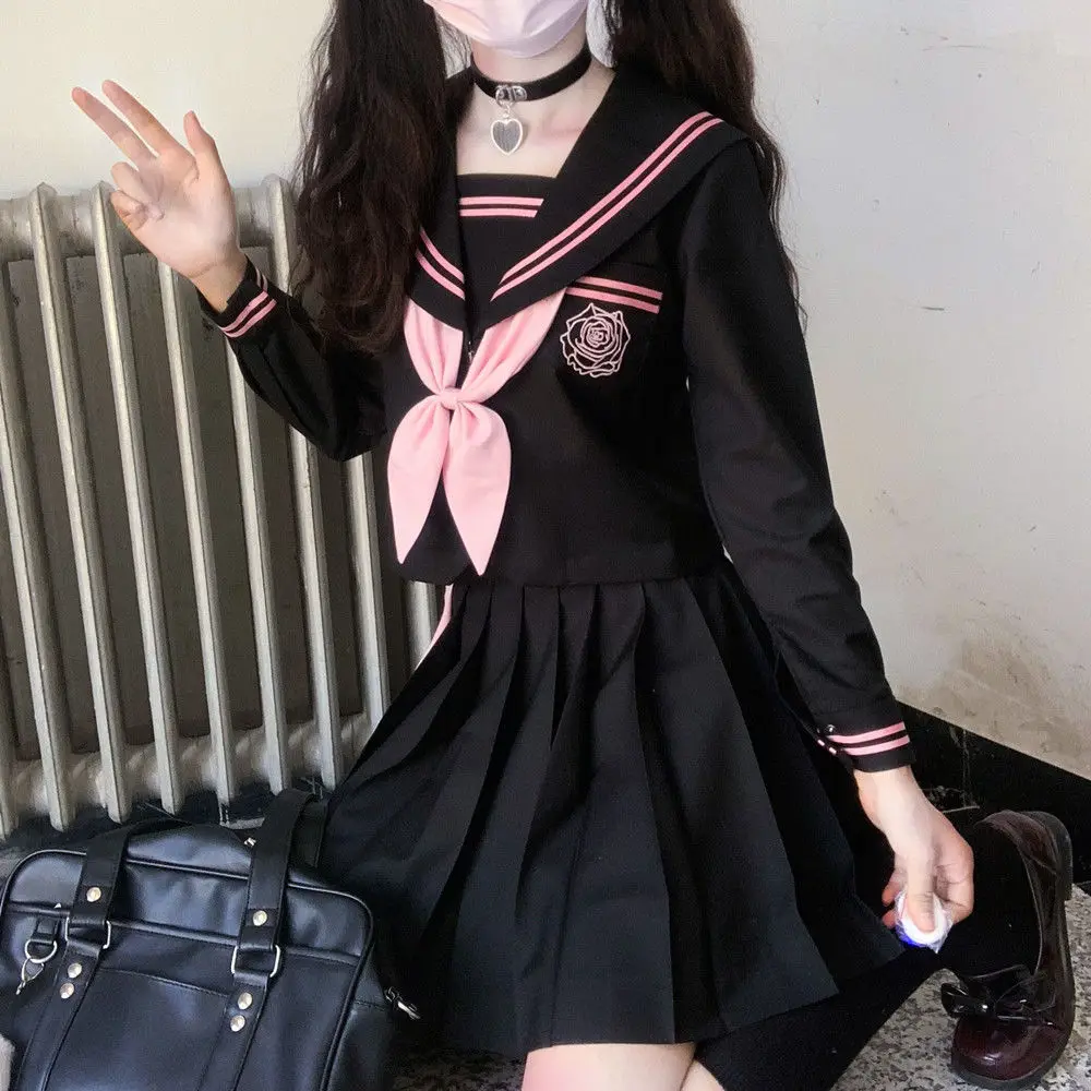 [devil\'s Tenderness] Diablo Jk Sailor Uniform Sets School Uniforms For Girls Embroidered Student Suit Long Sleeve Black Pink XL