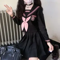 [devil's Tenderness] Diablo Jk Sailor Uniform Sets School Uniforms For Girls Embroidered Student Suit Long Sleeve Black Pink XL