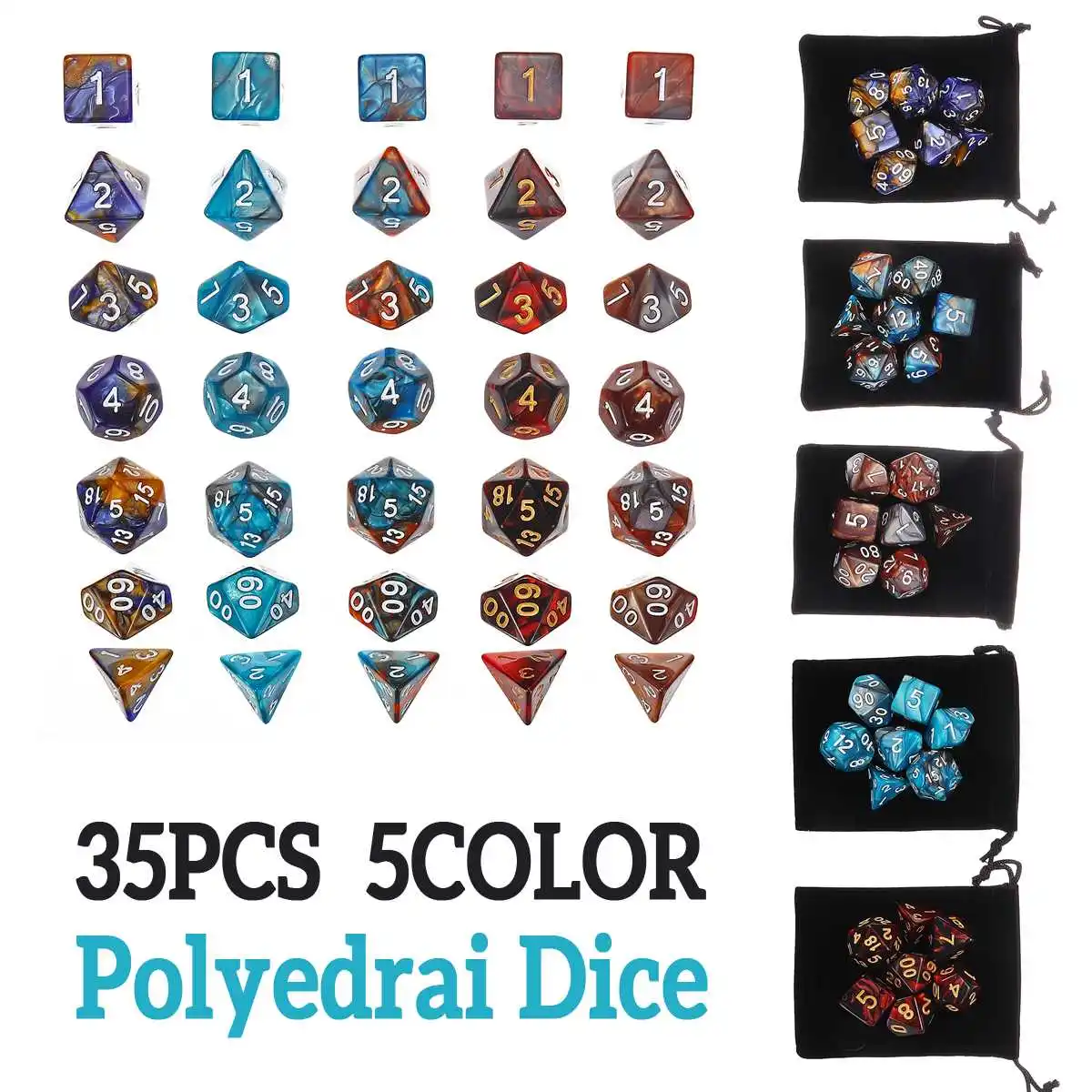 35 шт многогранные кубики для подземелий и драконов DND RPG MTG настольная игра с черным мешочком